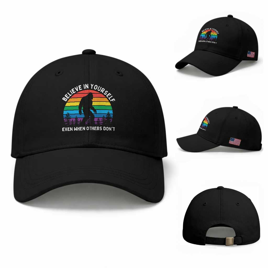 Retro Rainbow Bigfoot Baseball Cap Believe In Yourself Even When Others Don't TS14 Baseball Cap Universal Fit Black Print Your Wear