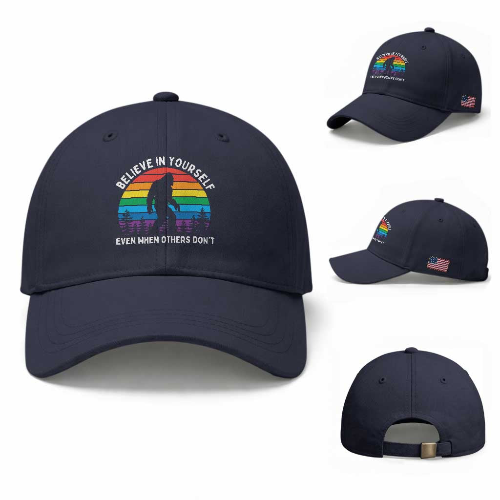 Retro Rainbow Bigfoot Baseball Cap Believe In Yourself Even When Others Don't TS14 Baseball Cap Universal Fit Navy Print Your Wear