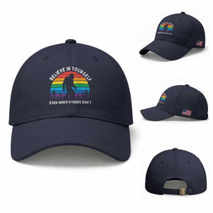 Retro Rainbow Bigfoot Baseball Cap Believe In Yourself Even When Others Don't TS14 Baseball Cap Universal Fit Navy Print Your Wear
