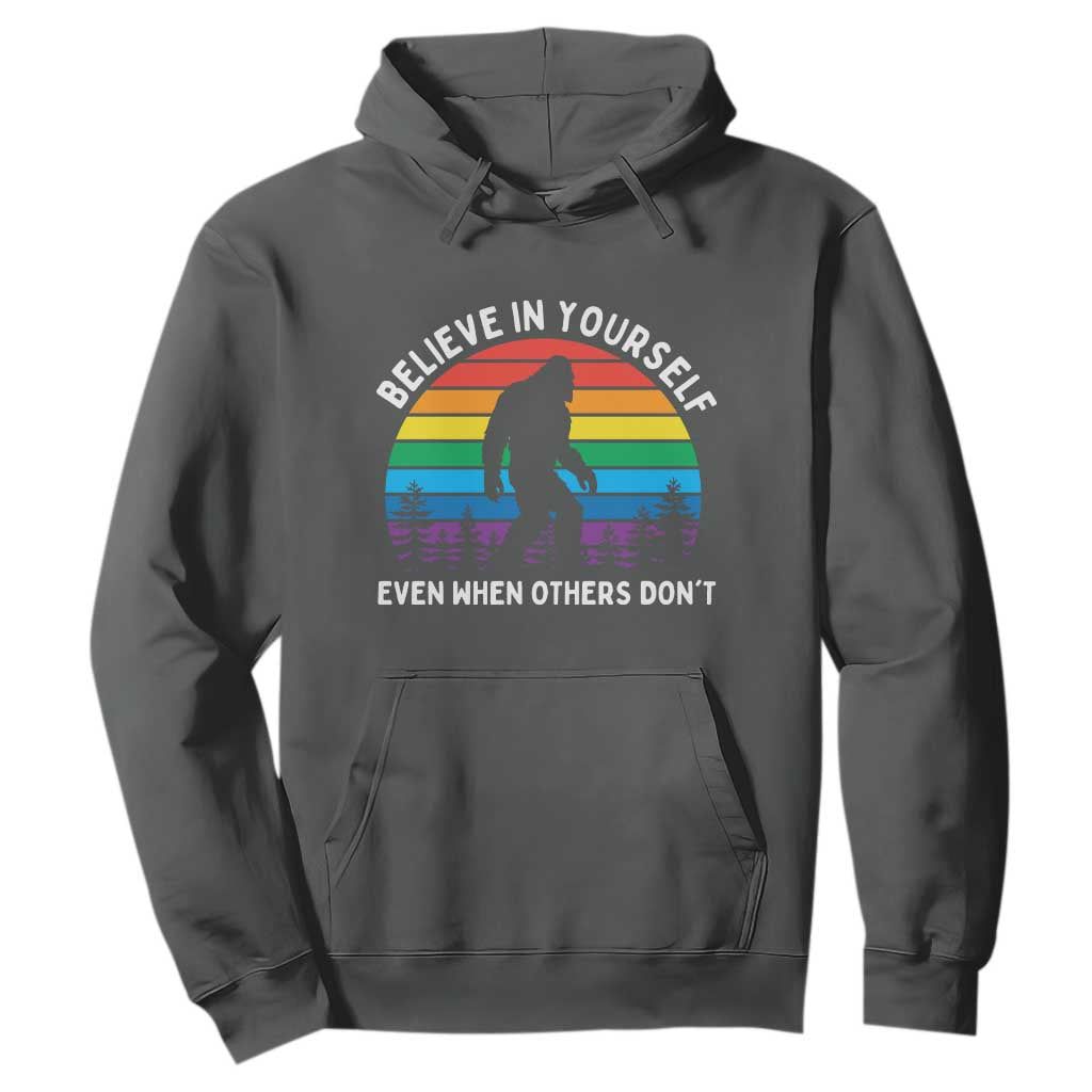 Retro Rainbow Bigfoot Hoodie Believe In Yourself Even When Others Don't TS14 Dark Heather Print Your Wear