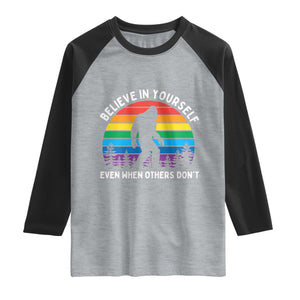 Retro Rainbow Bigfoot Raglan Shirt Believe In Yourself Even When Others Don't TS14 Heather Gray Black Print Your Wear