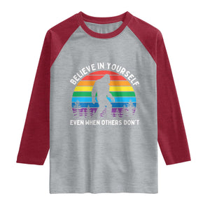 Retro Rainbow Bigfoot Raglan Shirt Believe In Yourself Even When Others Don't TS14 Heather Gray Heather Red Print Your Wear