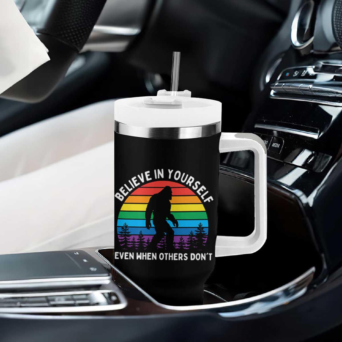 Retro Rainbow Bigfoot Tumbler With Handle Believe In Yourself Even When Others Don't TS14 Print Your Wear
