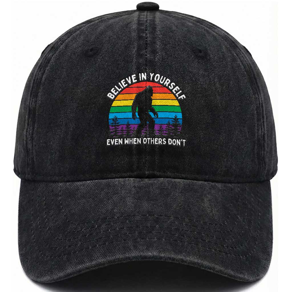 Retro Rainbow Bigfoot Washed Cotton Baseball Cap Believe In Yourself Even When Others Don't TS14 Print Your Wear