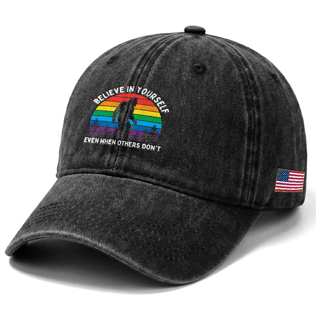 Retro Rainbow Bigfoot Washed Cotton Baseball Cap Believe In Yourself Even When Others Don't TS14 Print Your Wear