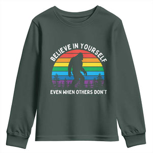 Retro Rainbow Bigfoot Youth Sweatshirt Believe In Yourself Even When Others Don't TS14 Dark Forest Green Print Your Wear