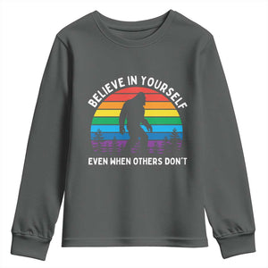 Retro Rainbow Bigfoot Youth Sweatshirt Believe In Yourself Even When Others Don't TS14 Dark Heather Print Your Wear