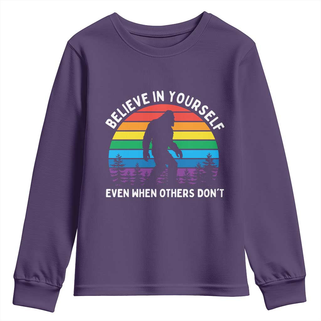Retro Rainbow Bigfoot Youth Sweatshirt Believe In Yourself Even When Others Don't TS14 Purple Print Your Wear