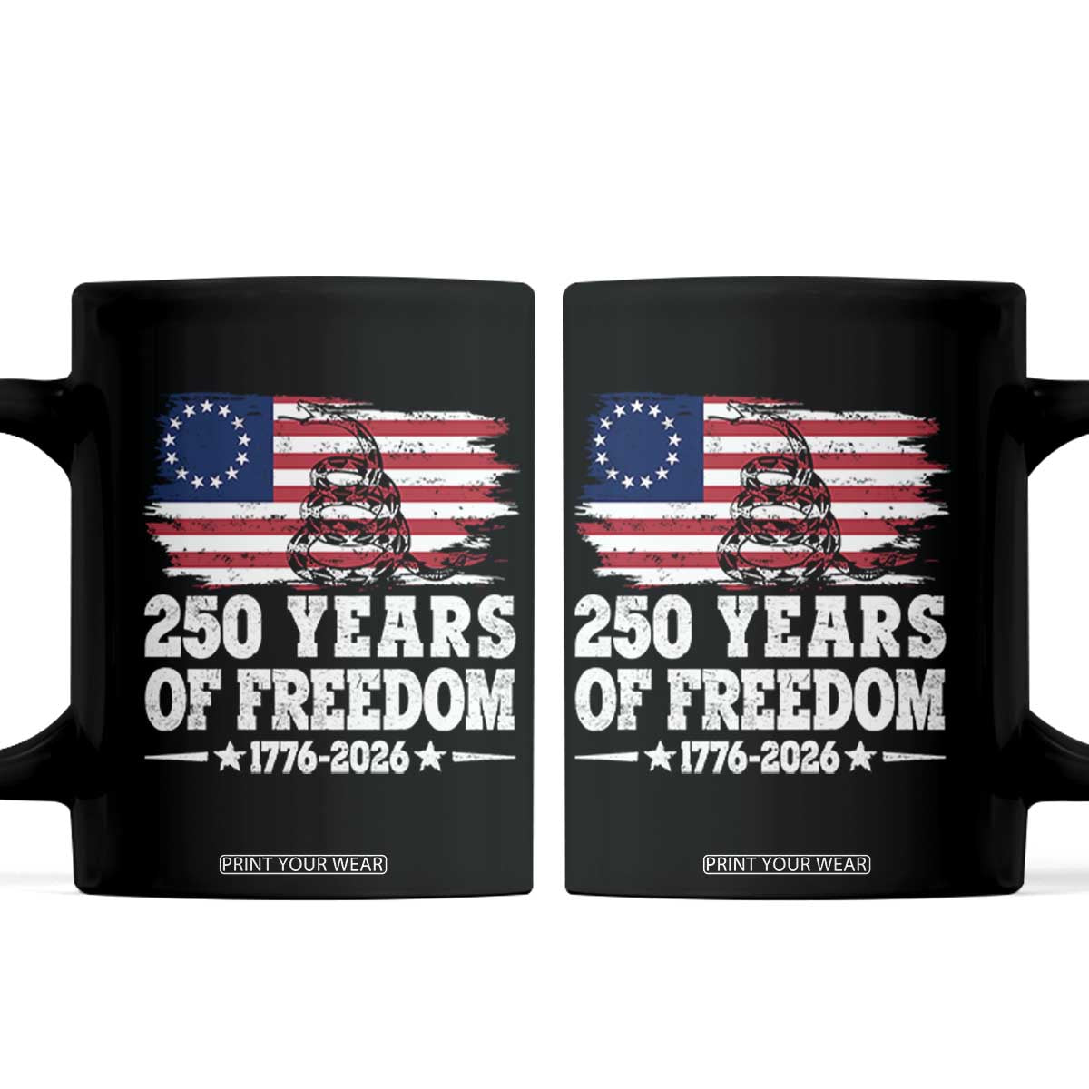 250 Years Of Freedom Coffee Mug Gadsden Flag American Patriot US TS14 Black Print Your Wear