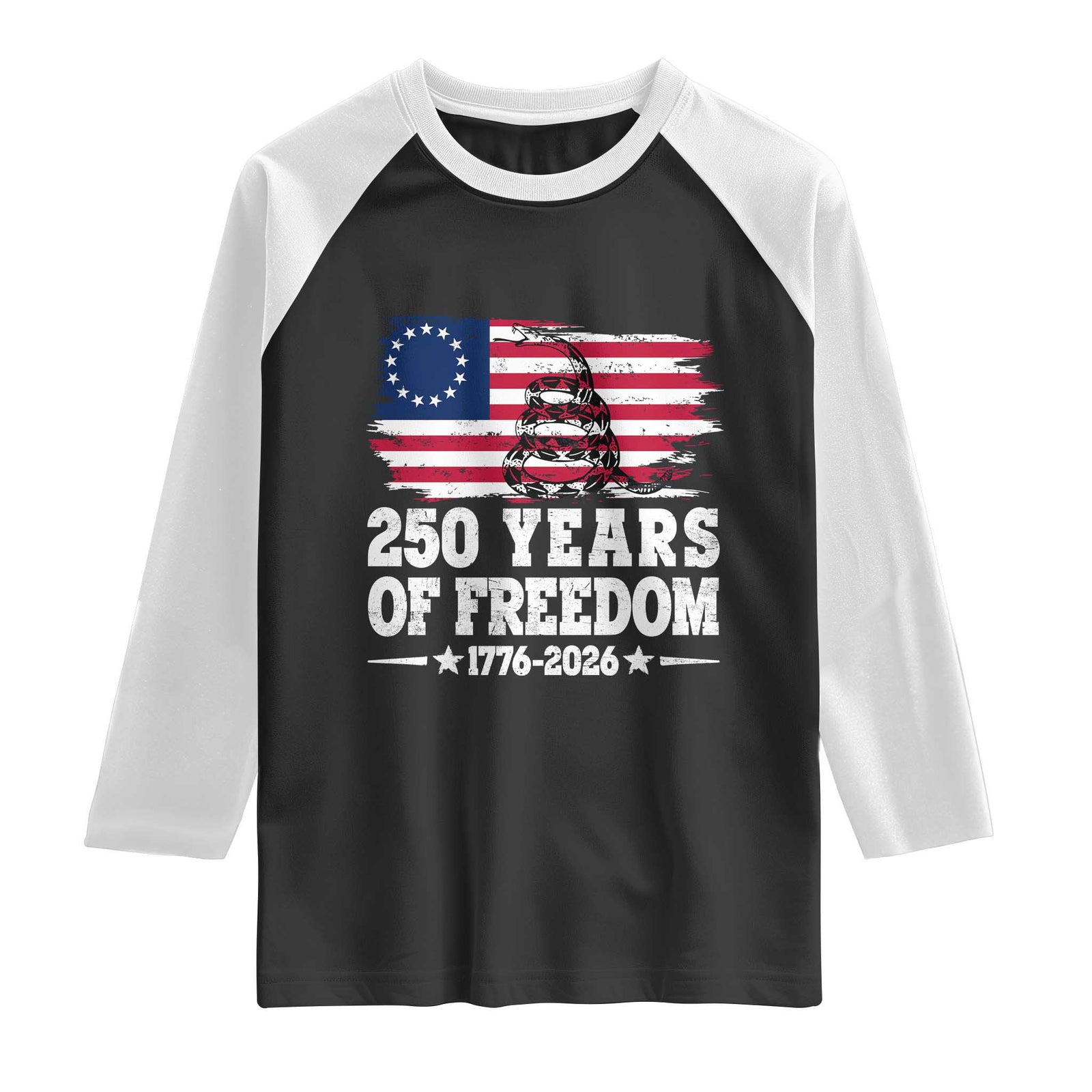250 Years Of Freedom Raglan Shirt Gadsden Flag American Patriot US TS14 Black White Print Your Wear