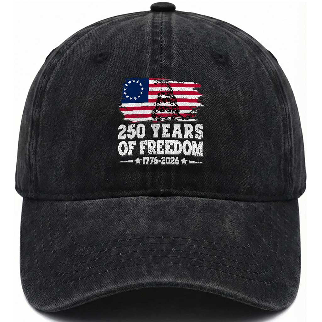 250 Years Of Freedom Washed Cotton Baseball Cap Gadsden Flag American Patriot US TS14 Print Your Wear