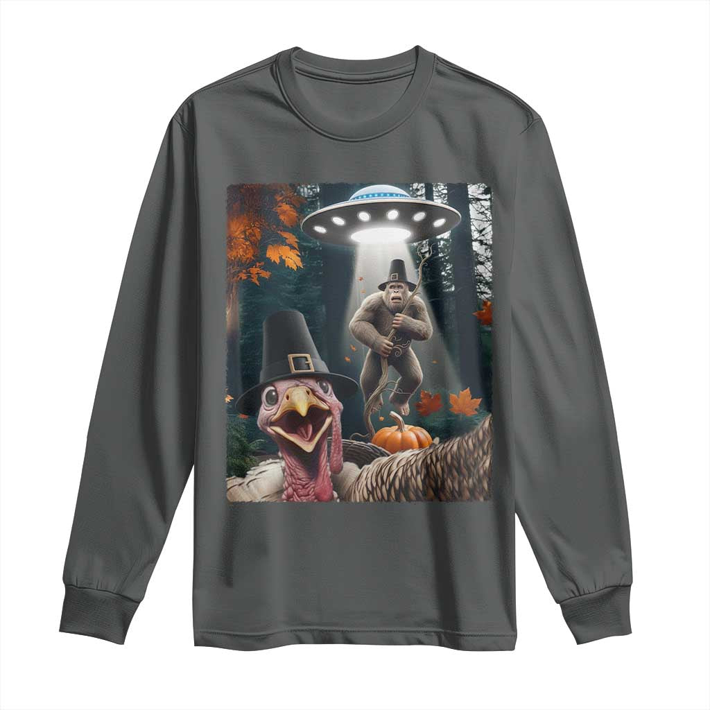 Thanksgiving Funny Bigfoot Turkey Selfie Long Sleeve Shirt TS14 Dark Heather Print Your Wear