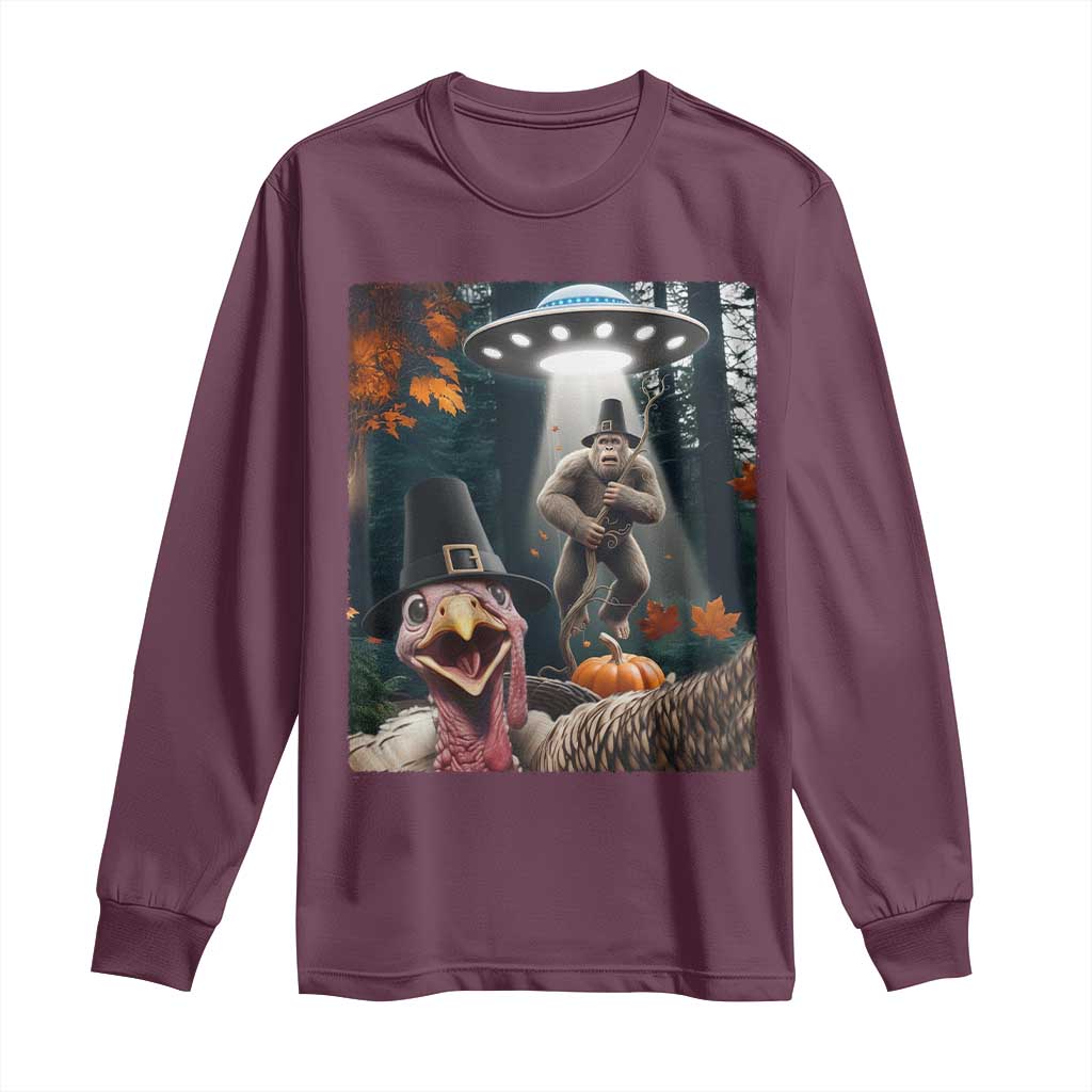 Thanksgiving Funny Bigfoot Turkey Selfie Long Sleeve Shirt TS14 Maroon Print Your Wear