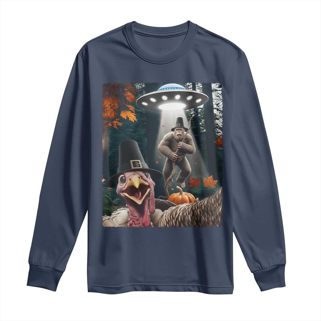 Thanksgiving Funny Bigfoot Turkey Selfie Long Sleeve Shirt TS14 Navy Print Your Wear