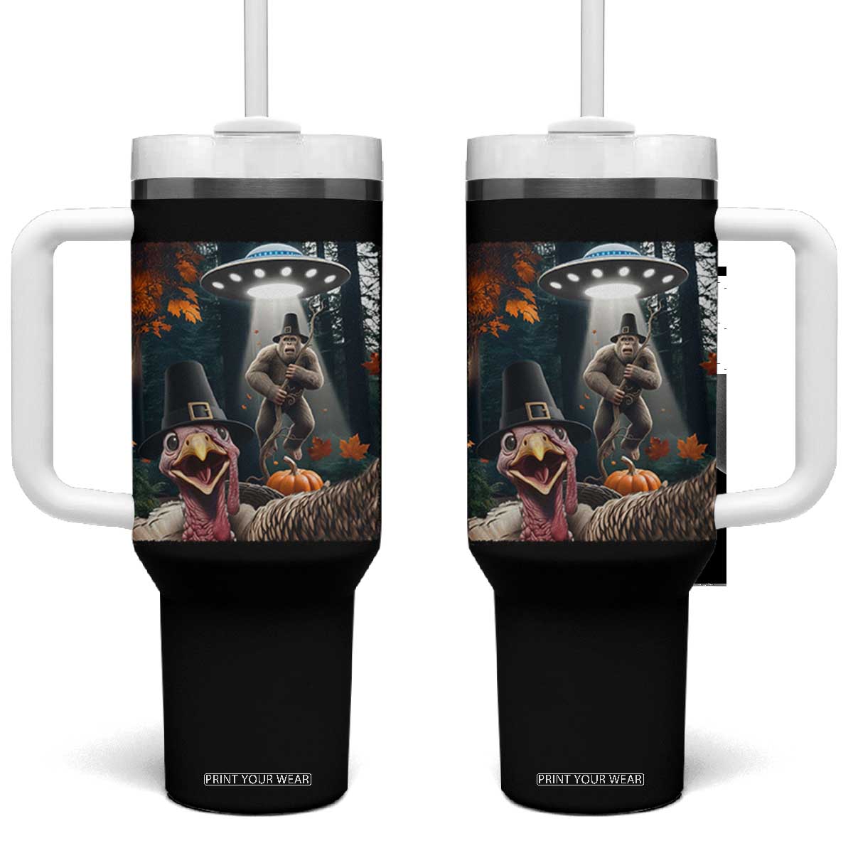 Thanksgiving Funny Bigfoot Turkey Selfie Tumbler With Handle TS14 One Size: 40 oz Black Print Your Wear
