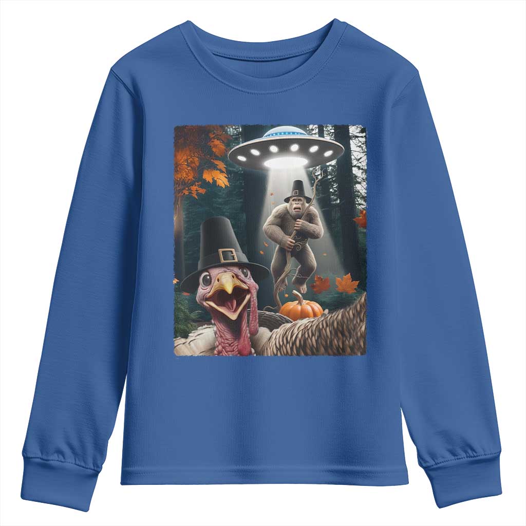 Thanksgiving Funny Bigfoot Turkey Selfie Youth Sweatshirt TS14 Royal Blue Print Your Wear