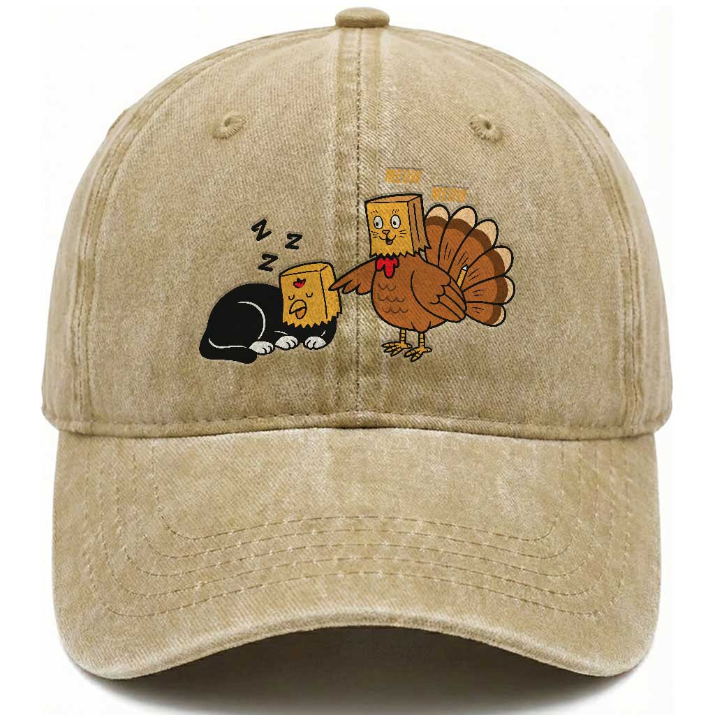 Funny Thanksgiving Washed Cotton Baseball Cap Turkey Fake Cat Meow TS14 Washed Cap Universal Fit Khaki Print Your Wear