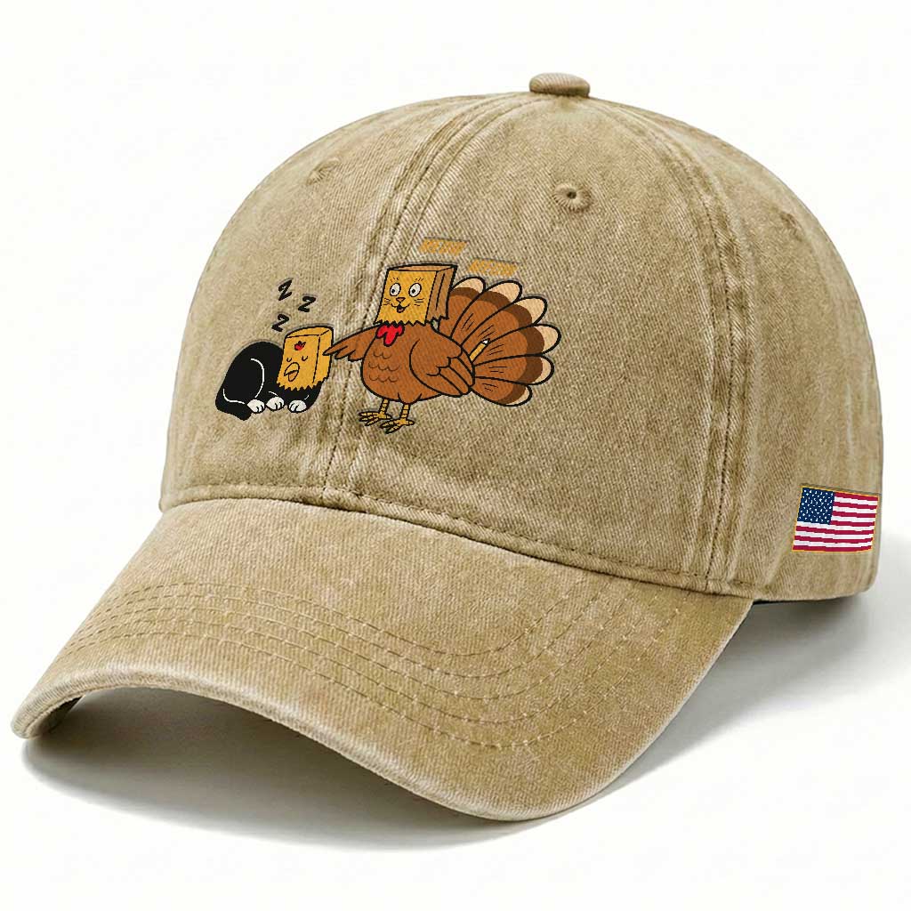 Funny Thanksgiving Washed Cotton Baseball Cap Turkey Fake Cat Meow TS14 Print Your Wear