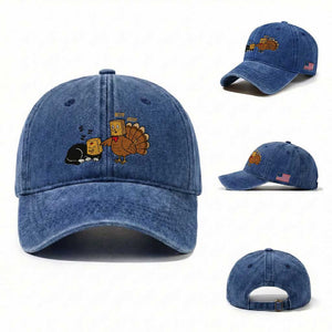 Funny Thanksgiving Washed Cotton Baseball Cap Turkey Fake Cat Meow TS14 Washed Cap Universal Fit Royal Blue Print Your Wear