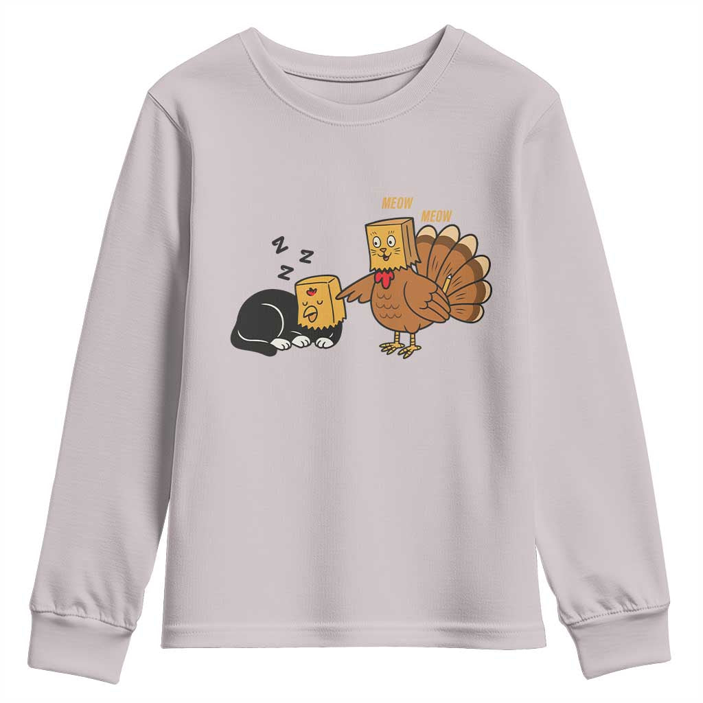 Funny Thanksgiving Youth Sweatshirt Turkey Fake Cat Meow TS14 Ice Gray Print Your Wear