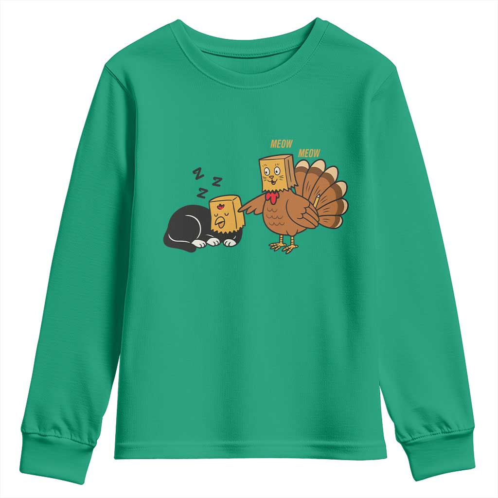 Funny Thanksgiving Youth Sweatshirt Turkey Fake Cat Meow TS14 Irish Green Print Your Wear