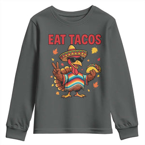 Funny Turkey Thanksgiving Youth Sweatshirt Eat Tacos TS14 Dark Heather Print Your Wear