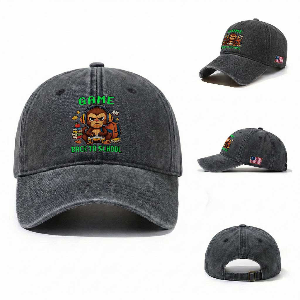 Funny Video Game Washed Cotton Baseball Cap Cute Monkey Back To School TS14 Washed Cap Universal Fit Dark Gray Print Your Wear