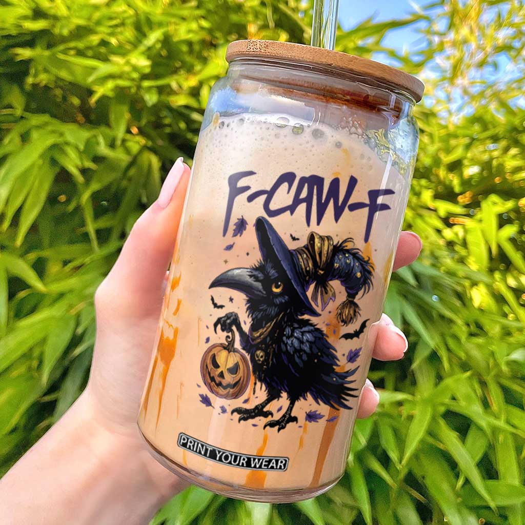 F Caw F Black Crow Halloween Meme Glass Can TS14 White Print Your Wear