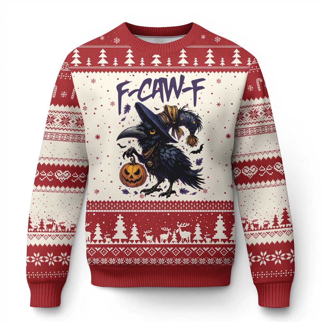F Caw F Black Crow Halloween Meme Ugly Christmas Sweater TS14 Beige Red Print Your Wear