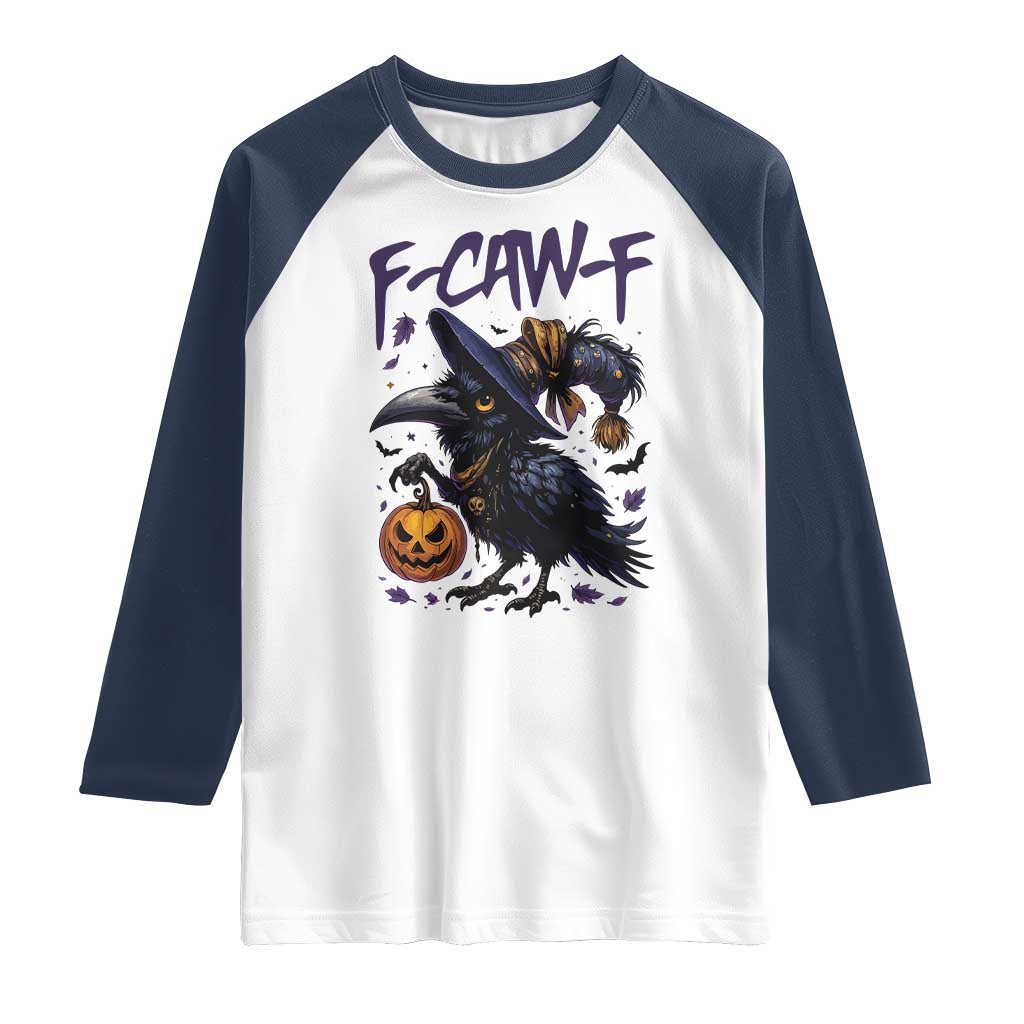 F Caw F Black Crow Halloween Meme Raglan Shirt TS14 White Navy Print Your Wear