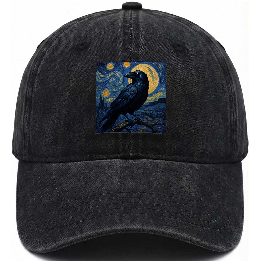 Starry Night Raven Moon Van Gogh Washed Cotton Baseball Cap TS14 Washed Cap Universal Fit Black Print Your Wear