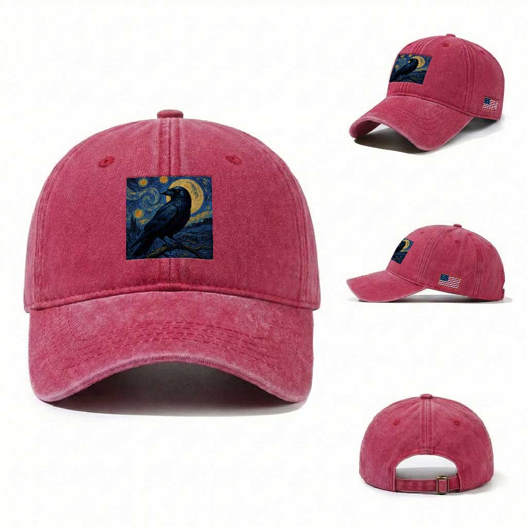 Starry Night Raven Moon Van Gogh Washed Cotton Baseball Cap TS14 Washed Cap Universal Fit Red Print Your Wear