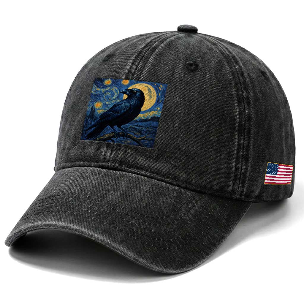 Starry Night Raven Moon Van Gogh Washed Cotton Baseball Cap TS14 Print Your Wear