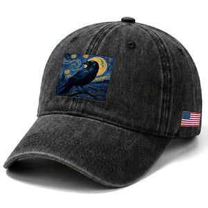 Starry Night Raven Moon Van Gogh Washed Cotton Baseball Cap TS14 Print Your Wear