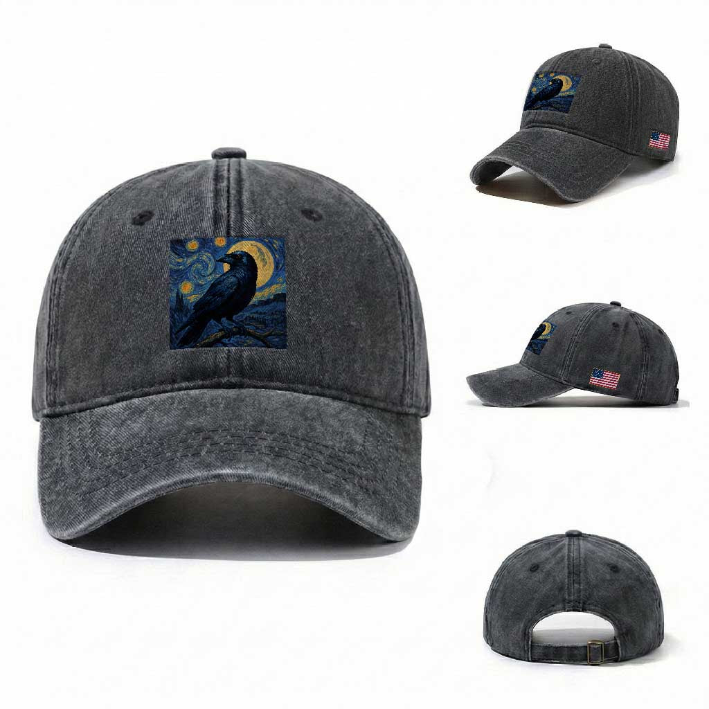 Starry Night Raven Moon Van Gogh Washed Cotton Baseball Cap TS14 Washed Cap Universal Fit Dark Gray Print Your Wear