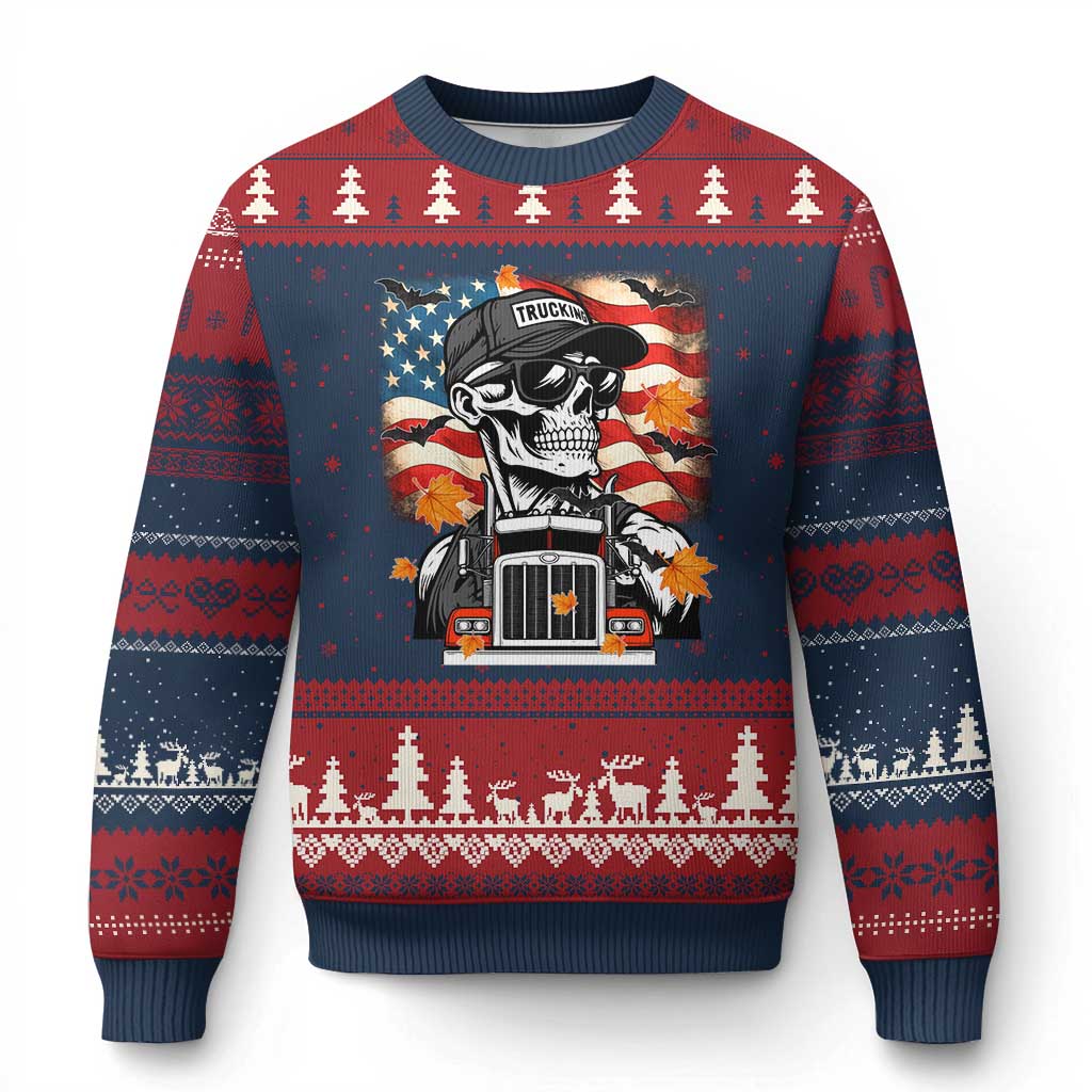 Patriotic Trucker Skeleton American Flag Ugly Christmas Sweater TS14 Navy Red Print Your Wear