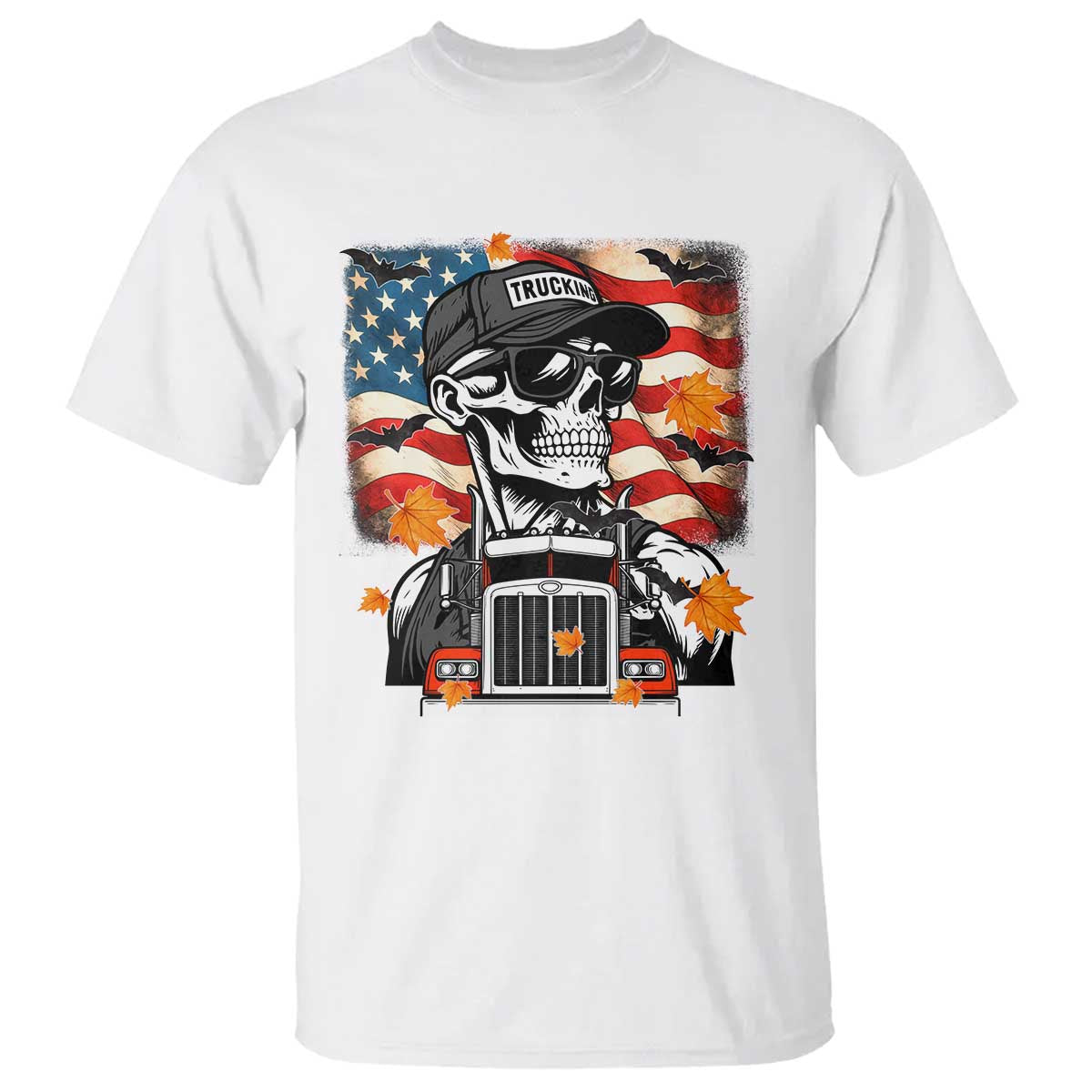 Patriotic Trucker Skeleton American Flag T Shirt TS14 White Print Your Wear