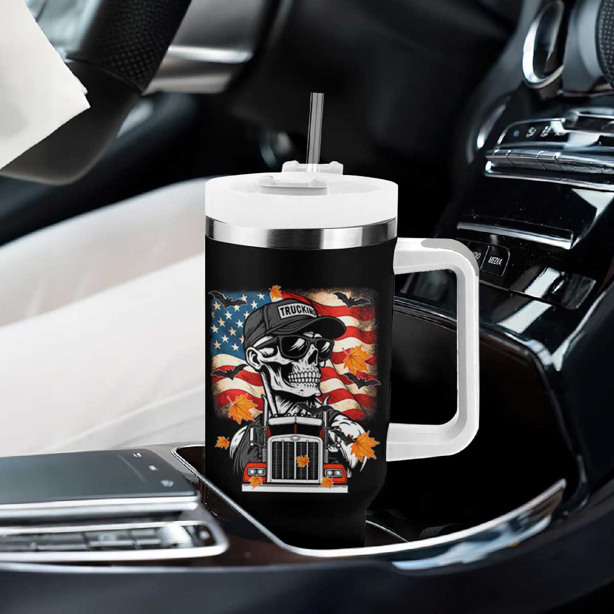 Patriotic Trucker Skeleton American Flag Tumbler With Handle TS14 Print Your Wear
