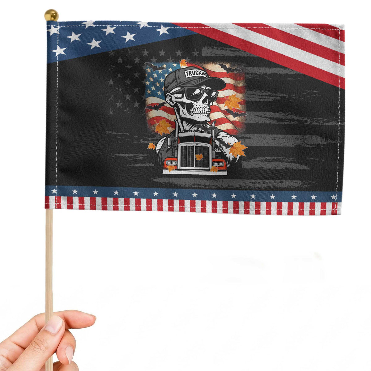 Trucker Skeleton American Flag Patriotic Handheld Flag TS14 Distressed 8.2