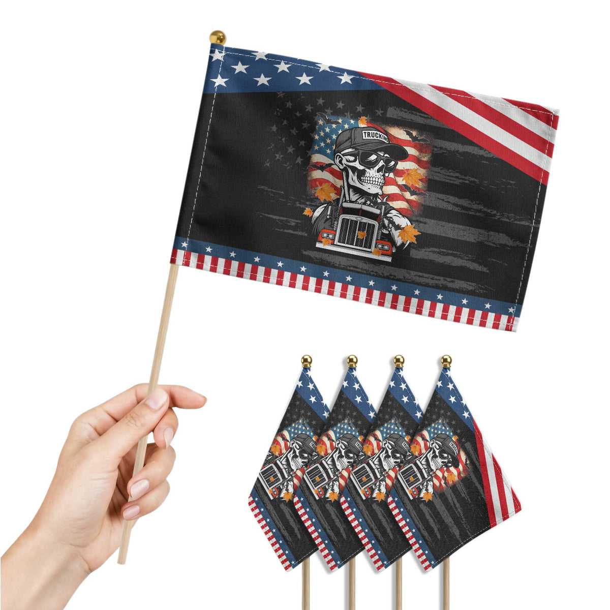 Trucker Skeleton American Flag Patriotic Handheld Flag TS14 Print Your Wear