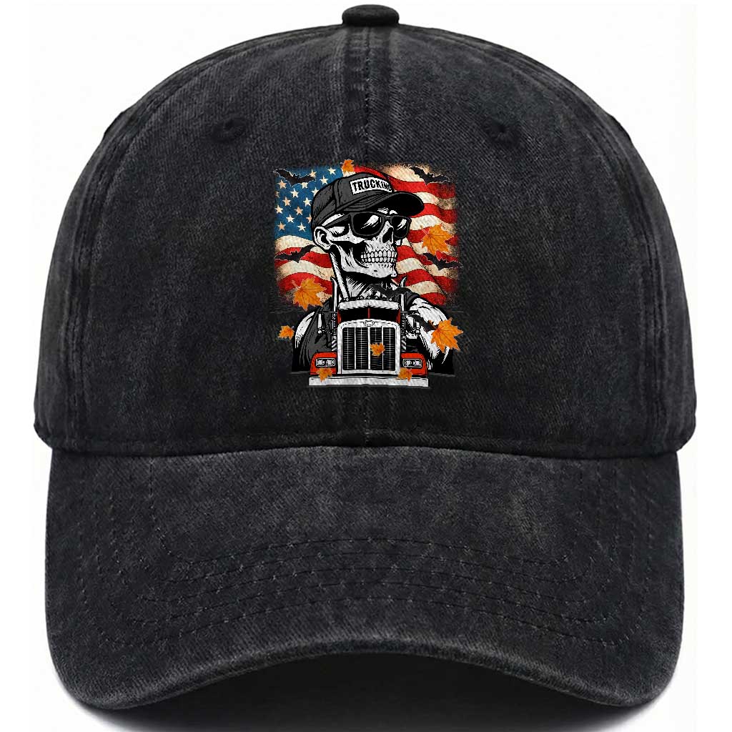 Patriotic Trucker Skeleton American Flag Washed Cotton Baseball Cap TS14 Washed Cap Universal Fit Black Print Your Wear
