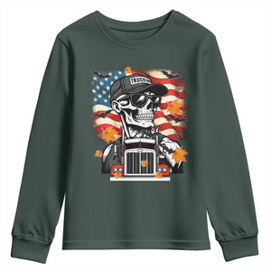 Patriotic Trucker Skeleton American Flag Youth Sweatshirt TS14 Dark Forest Green Print Your Wear