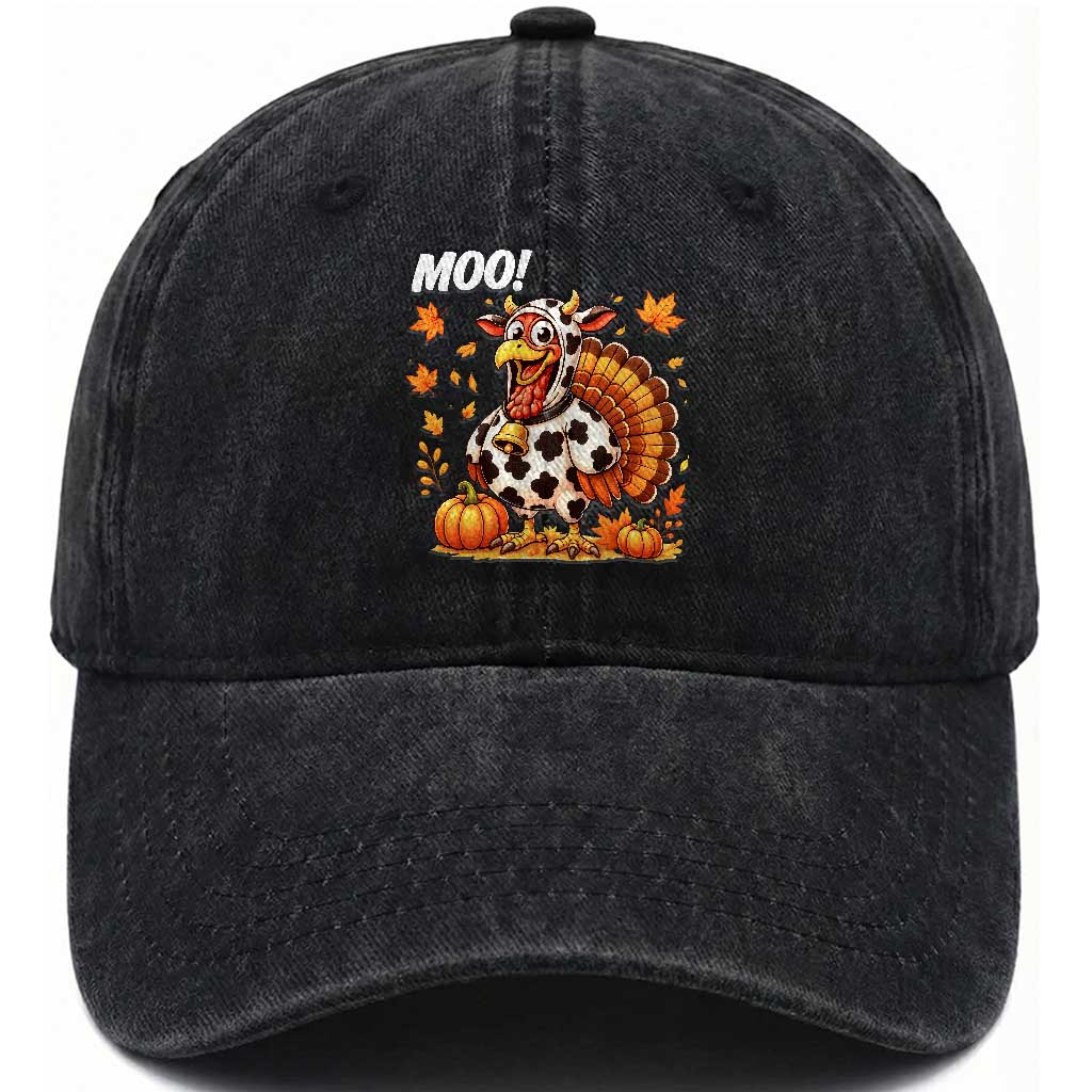 Funny Thanksgiving Washed Cotton Baseball Cap Turkey Moo TS14 Washed Cap Universal Fit Black Print Your Wear