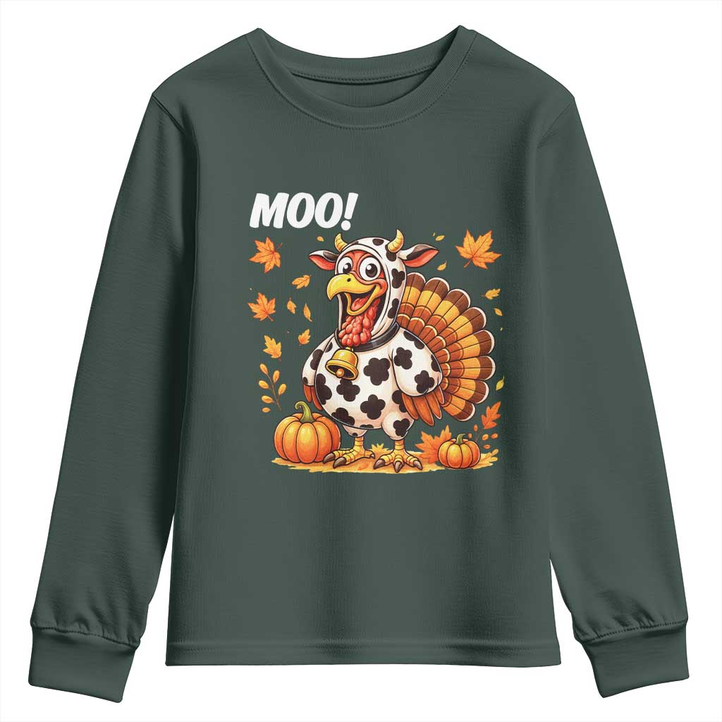 Funny Thanksgiving Youth Sweatshirt Turkey Moo TS14 Dark Forest Green Print Your Wear