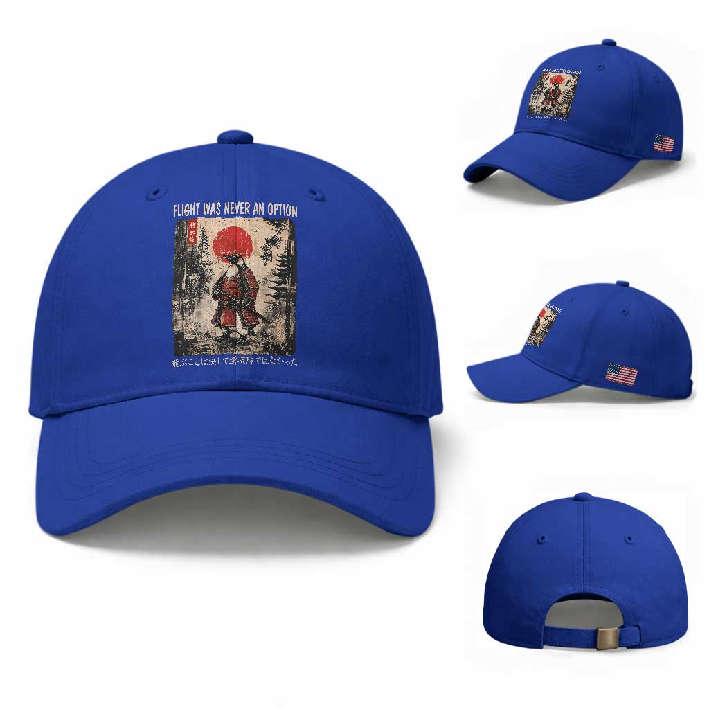 Flight was Never an Option Samurai Penguin Japanese Baseball Cap Vintage Graphic Ukiyo-e Art Funny TS14 Baseball Cap Universal Fit Royal Blue Print Your Wear
