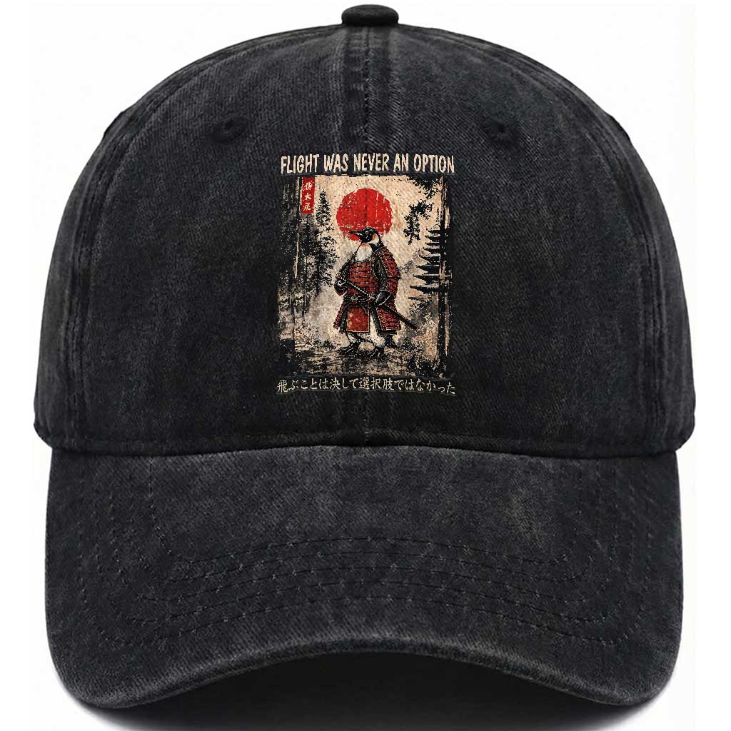 Flight was Never an Option Samurai Penguin Japanese Washed Cotton Baseball Cap Vintage Graphic Ukiyo-e Art Funny TS14 Print Your Wear