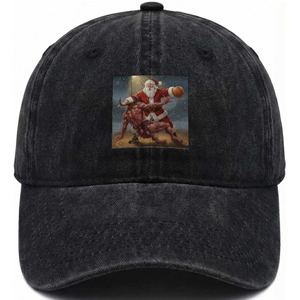 Funny Santa Basketball Washed Cotton Baseball Cap Satan Christmas Meme TS14 Washed Cap Universal Fit Black Print Your Wear
