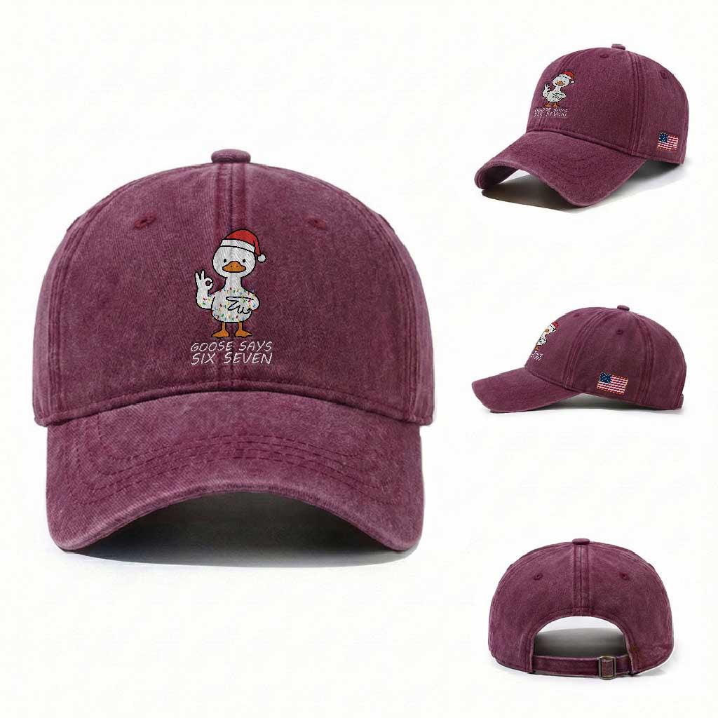 67 Six Seven Silly Goose Christmas Meme Washed Cotton Baseball Cap TS14 Washed Cap Universal Fit Burgundy Print Your Wear
