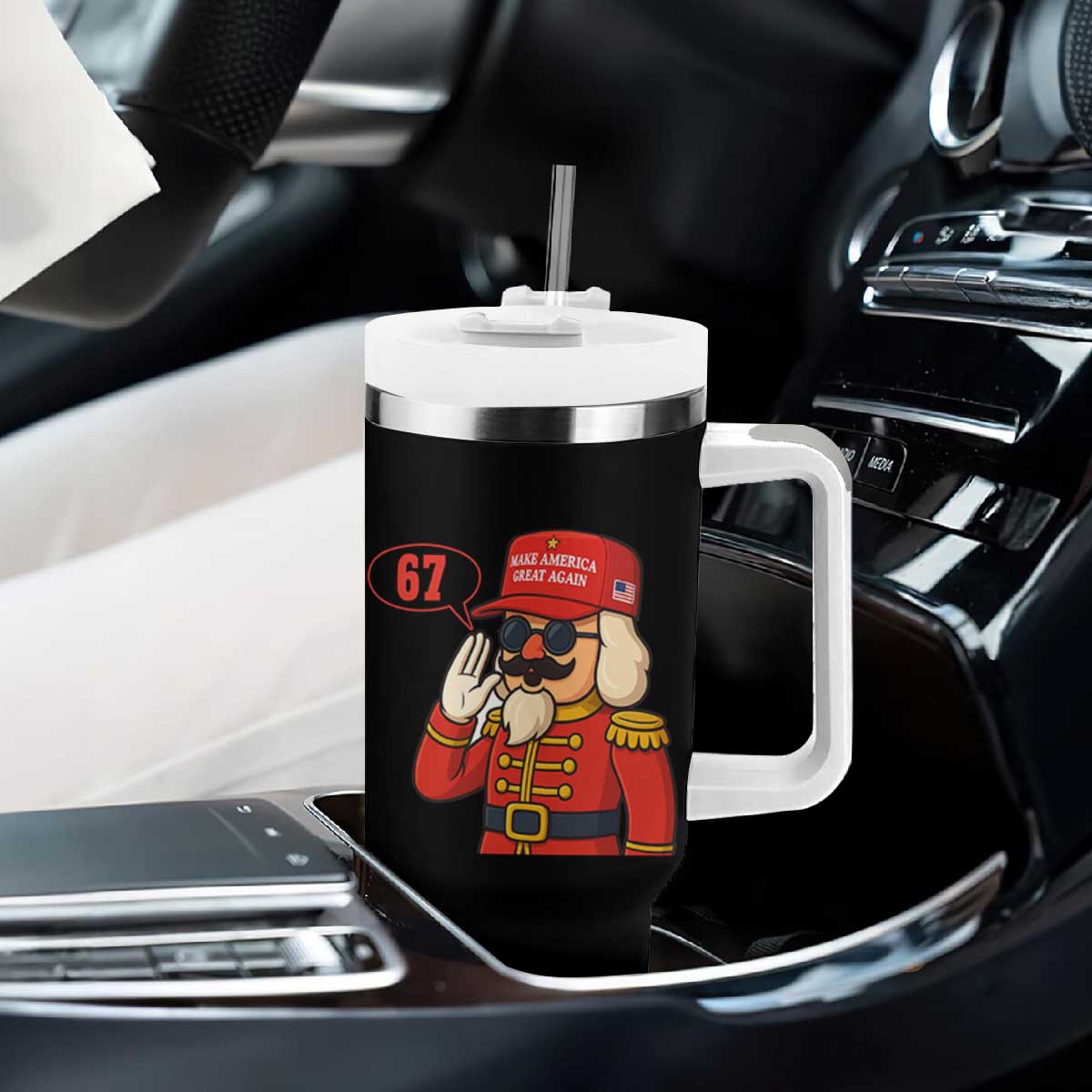 67 Six Seven Christmas Meme Tumbler With Handle Funny Nutcracker Make Xmas Great Again TS14 Print Your Wear