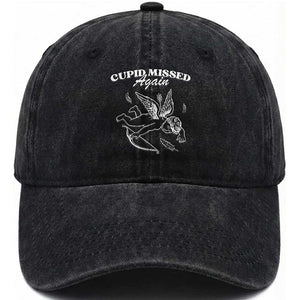 Funny Anti Valentine Washed Cotton Baseball Cap Cupid Missed Again TS14 Washed Cap Universal Fit Black Print Your Wear